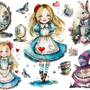 10 Alice in Wonderland Clipart JPGs, Digital Paper Crafting,Digital Planner,Watercolor, Alice clipart, Alice png, Cheshire cat, Rabbit