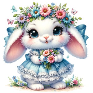 May include: A white bunny with blue eyes and a pink nose wearing a blue dress with white lace trim and a flower crown. The bunny is holding a bouquet of pink and blue flowers.