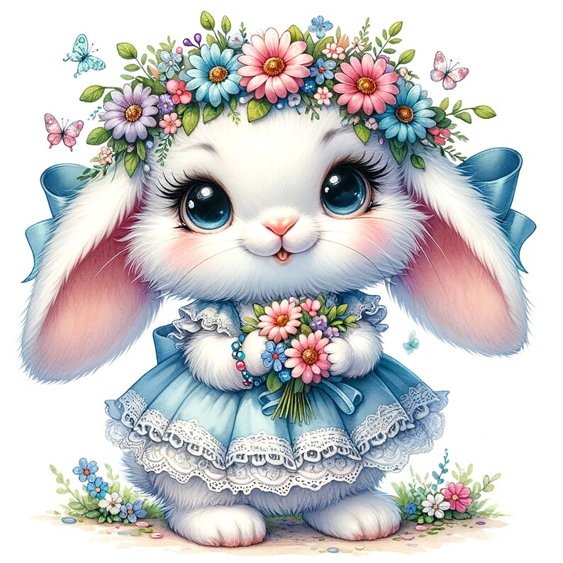 May include: A white bunny with blue eyes and a pink nose wearing a blue dress with white lace trim and a flower crown. The bunny is holding a bouquet of pink and blue flowers.