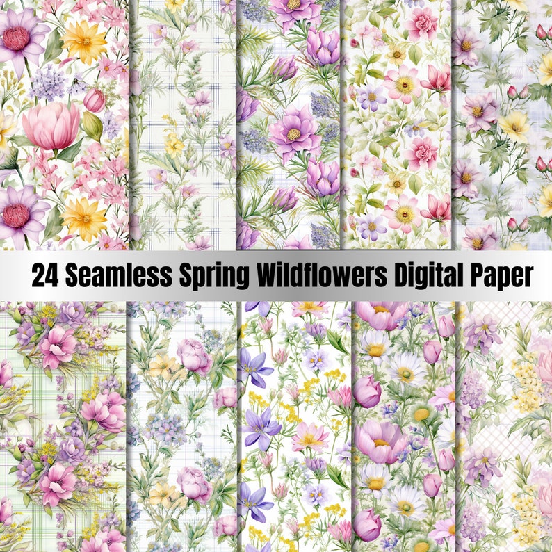 24 Seamless Spring Wildflowers Digital Paper, Spring Floral Paper Pack ...