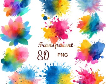 Watercolor Color Splash Clipart 80 PNG, Paint Splatter Clipart, Alcohol Ink Clipart, Abstract Clipart PNG, Commercial Use, Instant Download