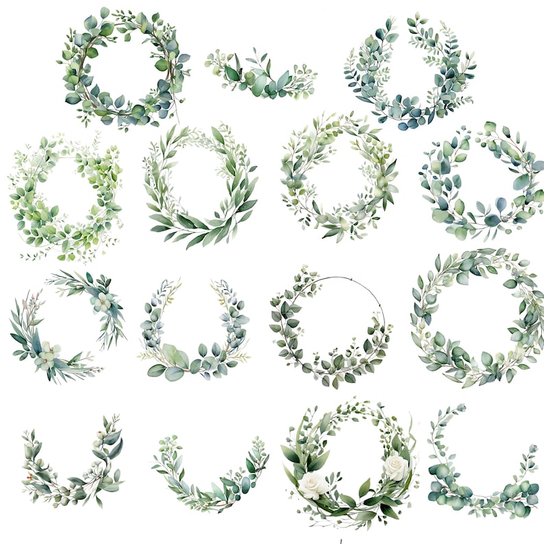 May include: A collection of watercolor illustrations featuring various green leaf wreaths and floral arrangements. The designs include circular wreaths, half-wreaths, and sprigs, perfect for wedding invitations, greeting cards, or other design projects.