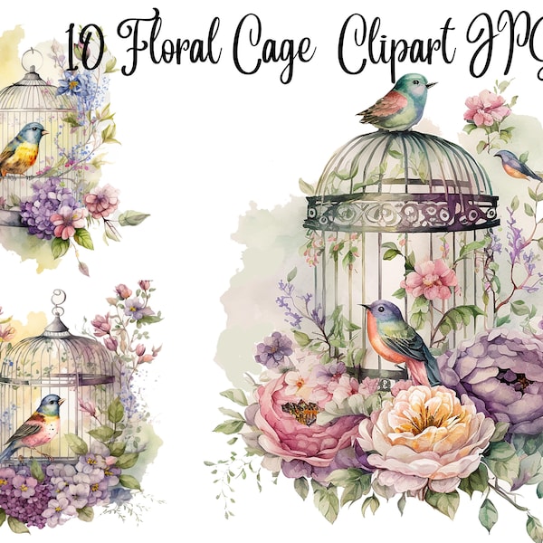 10 Floral Cage Clipart, Bird clipart, JPGs, Commercial use, Digital Download, Card Making, Mixed Media, Digital Craft, Watercolor clipart