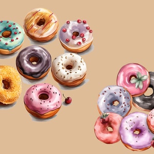 May include: A collection of colourful doughnuts with various toppings, including sprinkles, chocolate, and fruit. Some doughnuts are stacked on top of each other, while others are arranged in a row. There are also some berries scattered around the doughnuts.