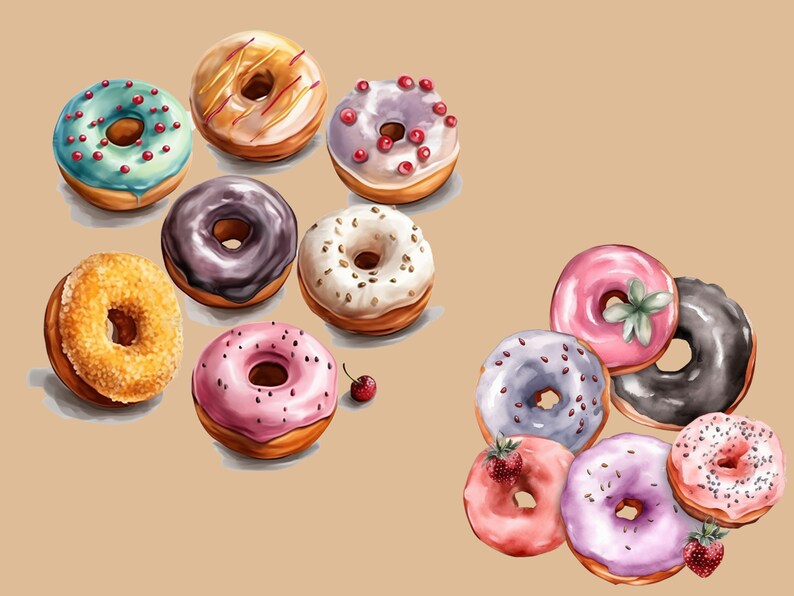 May include: A collection of colourful doughnuts with various toppings, including sprinkles, chocolate, and fruit. Some doughnuts are stacked on top of each other, while others are arranged in a row. There are also some berries scattered around the doughnuts.