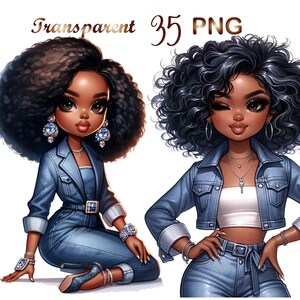 35 Black girl clipart, chibi girl clipart,afro girl clipart, denim girl clipart, beautiful girl clipart, black girl graphics image 9