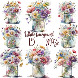 K&ouml;nnte beinhalten: Ein Set mit 15 Aquarell-Illustrationen von Blumenstr&auml;u&szlig;en in Einmachgl&auml;sern. Die Blumen sind in den Farben Rosa, Lila, Gelb und Wei&szlig; gehalten. Die Gl&auml;ser sind aus klarem Glas mit einem rustikalen Bindfaden um den oberen Rand. Der Hintergrund ist wei&szlig;.