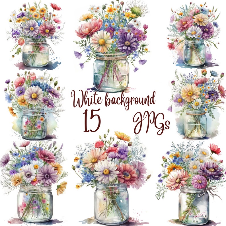 K&ouml;nnte beinhalten: Ein Set mit 15 Aquarell-Illustrationen von Blumenstr&auml;u&szlig;en in Einmachgl&auml;sern. Die Blumen sind in den Farben Rosa, Lila, Gelb und Wei&szlig; gehalten. Die Gl&auml;ser sind aus klarem Glas mit einem rustikalen Bindfaden um den oberen Rand. Der Hintergrund ist wei&szlig;.