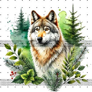 May include: A watercolor painting of a wolf with brown and gray fur, surrounded by green foliage and trees. The wolf is looking directly at the viewer with a calm expression.