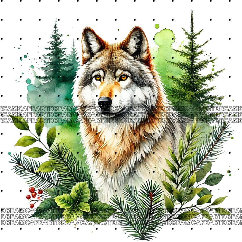 May include: A watercolor painting of a wolf with brown and gray fur, surrounded by green foliage and trees. The wolf is looking directly at the viewer with a calm expression.