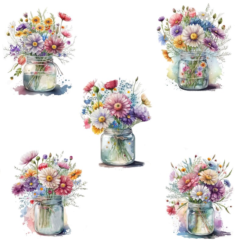 K&ouml;nnte beinhalten: F&uuml;nf Glasvasen gef&uuml;llt mit bunten Wildblumen, darunter rosa, lila, blaue und gelbe Blumen. Die Vasen sind aus klarem Glas und haben einen rustikalen, Vintage-Look.
