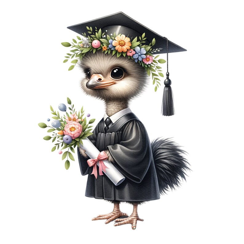 May include: A cartoon ostrich wearing a black graduation cap and gown, holding a diploma and a bouquet of flowers. The ostrich has a flower crown on its head.