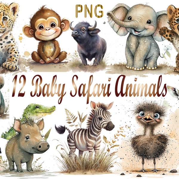 12 Watercolor Safari baby animals png, safari animal png, safari baby animals png,tropical jungle safari png safari, png, safari animals png