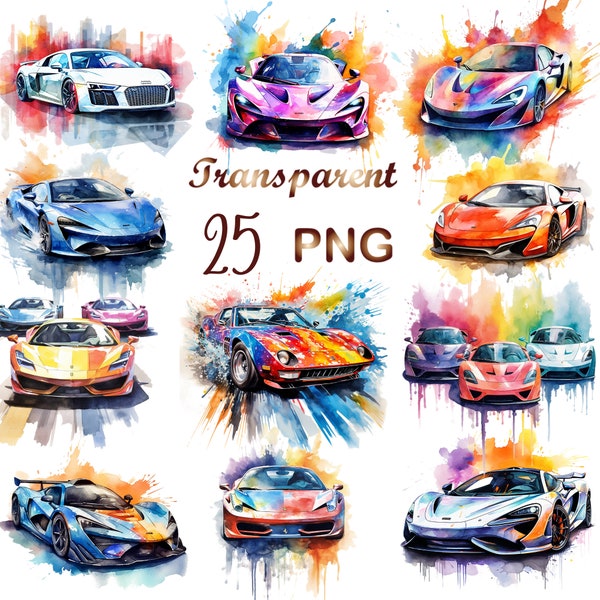 25 Watercolor Sleek Supercars Clipart png, Supercars png, Sleek Supercars Clipart, Digital Paper Craft,Sublimation, Commercial USe