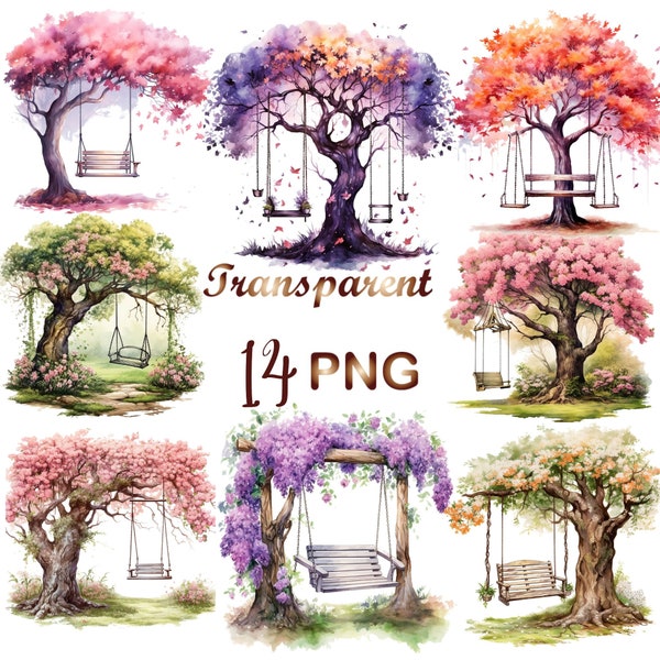 14 Tree Swings Clipart, PNG,Watercolor Spring landscape clipart,Cute forest scenery,Scenery wedding Clip art,Commercial Use,Digital Download