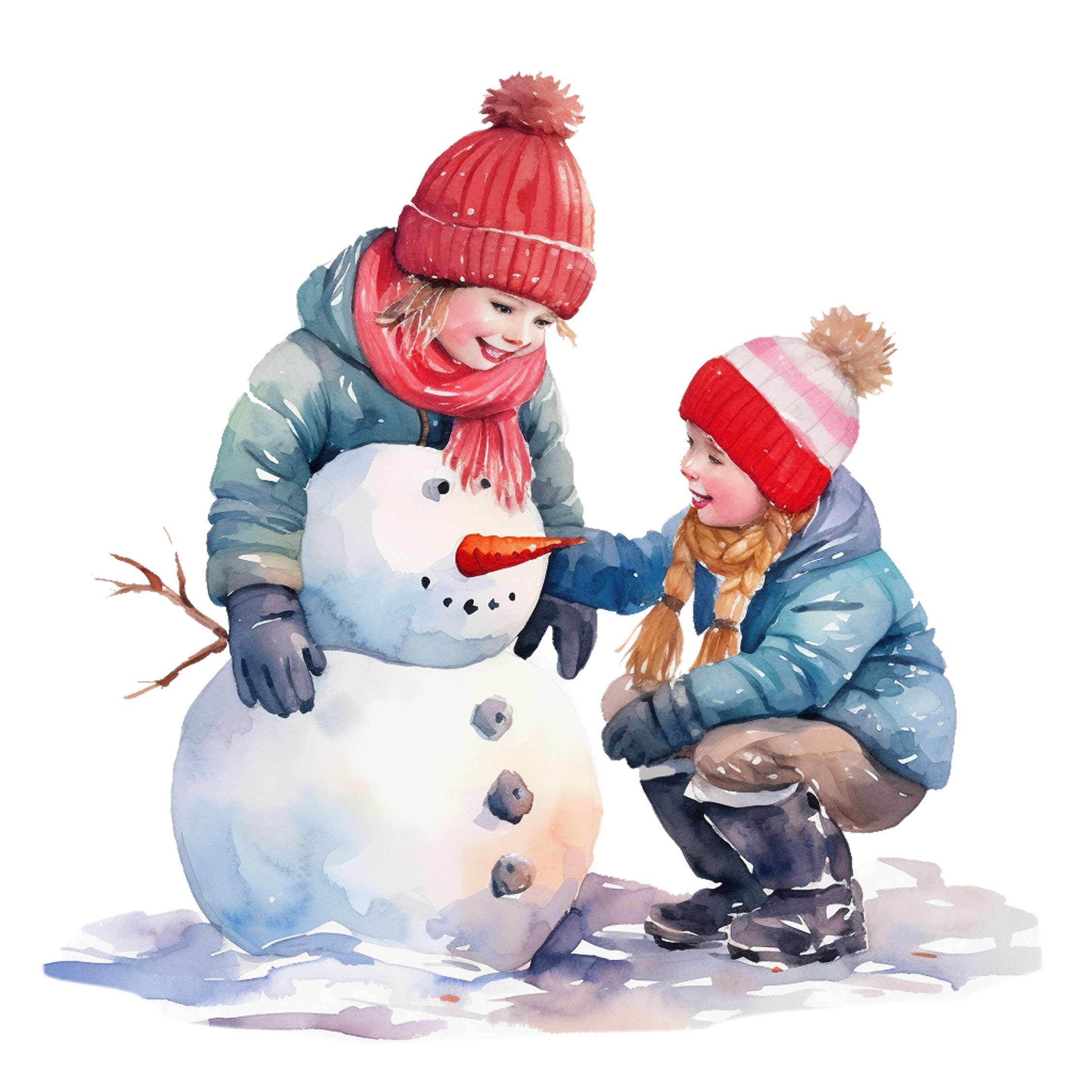 Cute Happy Little Boy and Girl Making Snowman on Christmas Holiday