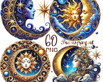 60 Mystical Moon Clipart PNG Bundle – Fantasy, Magical, Celestial, Wiccan, Pagan – Instant Download, Commercial Use for Crafts