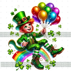 Pu&ograve; includere: Un folletto dei cartoni animati con un cappello e un vestito verde, che tiene un mazzo di palloncini colorati. &Egrave; seduto su un arcobaleno con trifogli sparsi intorno a lui.