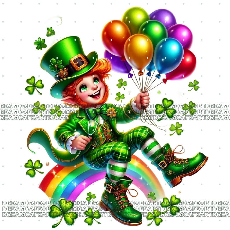 Pu&ograve; includere: Un folletto dei cartoni animati con un cappello e un vestito verde, che tiene un mazzo di palloncini colorati. &Egrave; seduto su un arcobaleno con trifogli sparsi intorno a lui.