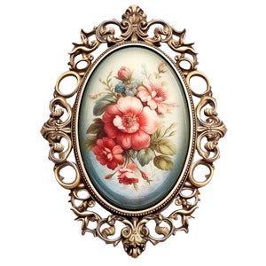 May include: An oval-shaped picture frame with an ornate gold finish. The frame features a floral design with pink, red, and blue flowers.