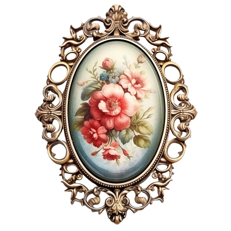 May include: An oval-shaped picture frame with an ornate gold finish. The frame features a floral design with pink, red, and blue flowers.