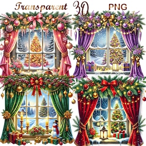 Peut inclure: Quatre illustrations numériques de fenêtres de Noël avec des rideaux rouges, verts, violets et roses. Chaque fenêtre a un sapin de Noël, une guirlande et des cadeaux. Les fenêtres sont décorées de lumières et d'ornements.