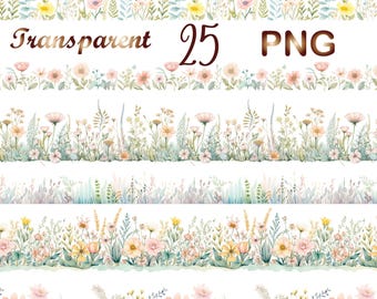 25 Pastel Watercolor Meadow Borders, Watercolor Pastel  Wildflowers, Wildflowers  border Clip art, Digital Download,Commercial Use