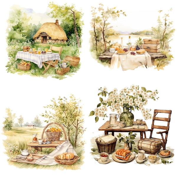 22 Watercolor cottagecore picnic Clipart Bundle, JPGs, Summer Clipart,  Commercial use, Digital Download ,Card Making, Digital Craft