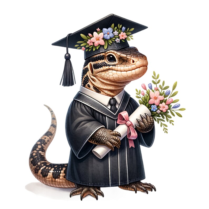 May include: A black and brown lizard wearing a black graduation cap and gown with a flower crown. The lizard is holding a diploma and a bouquet of flowers.