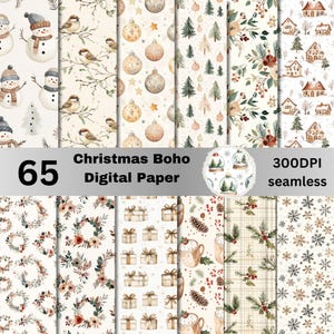 May include: A collection of 65 seamless digital papers with a Christmas Boho theme. The papers feature various patterns including snowmen, birds on branches, ornaments, Christmas trees, houses, wreaths, gifts, and snowflakes. The color palette includes beige, brown, and red.