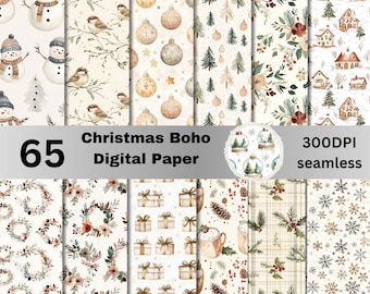 65 Boho Winter Digital Paper Pack, Christmas Boho Repeating Pattern,Christmas Festive Seamless Texture Background, Scrapbook Paper