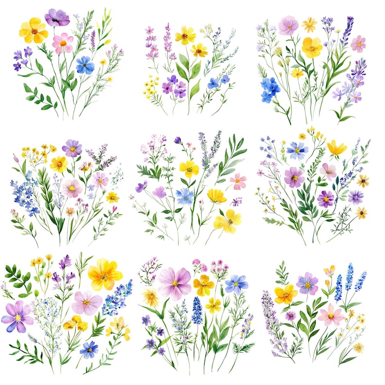 60 Watercolor Wildflower PNG Bundle, Pastel Floral Borders, Meadow Flowers Clipart, Botanical Set, Digital Download, Commercial Use image 8