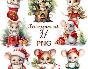 27 Christmas Mouse PNG, Xmas Mouse clipart, Cute Mouse Clipart, Mouse Sublimation, Watercolor Mouse clipart, clipart pack, nursery art