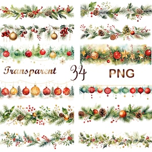 Op de afbeelding: Een set van 34 aquarel kerstborderillustraties met dennentakken, hulst, bessen, dennenappels, kerstballen en sterren. De illustraties zijn transparante PNG-bestanden.