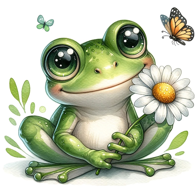 Puede incluir: Una rana verde con ojos grandes sostiene una margarita blanca con un centro amarillo. Una mariposa con alas naranja y negras vuela en el fondo.