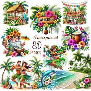 Puede incluir: Una vibrante ilustración digital con elementos tropicales. Incluye una escena de playa con palmeras, bailarines, un delfín y una cabaña. También, una figura de Papá Noel, un tambor y la palabra "WELCOME" en un letrero de madera. El texto "Transparent 80 PNG" también está presente.