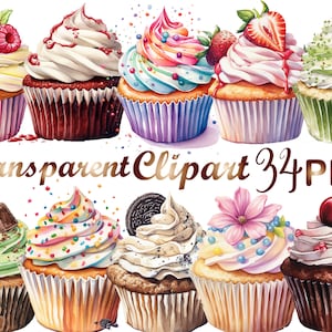 34 Watercolor Cupcake Clipart,PNG,Baking Clipart,Dessert Clipart,Food Clipart,Sweet Clipart,Birthday Clipart,Kawaii Clipart,Digital Download
