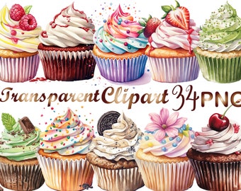 Watercolor Cupcake Clipart: 34 PNG Kawaii Dessert Images (Digital Download)