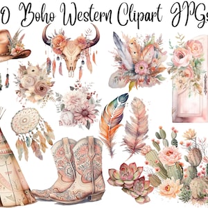 20 Watercolor Western Boho Clipart, Western clipart, Floral clipart, Cowgirl Cipart, Cowboots clipart,JPGs, Digital Download, Commercial Use