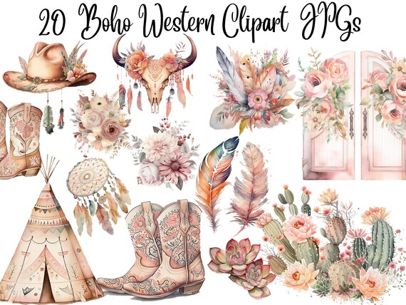 20 Watercolor Western Boho Clipart, Western clipart, Floral clipart, Cowgirl Cipart, Cowboots clipart,JPGs, Digital Download, Commercial Use