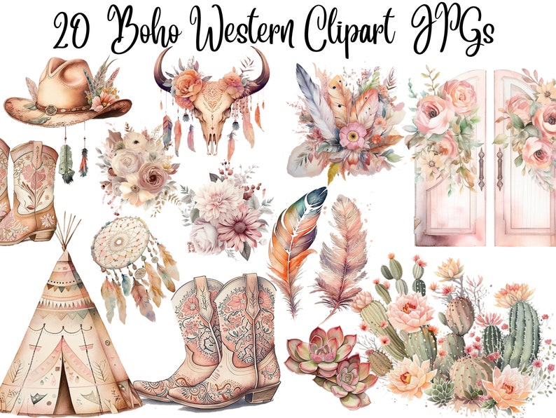 May include: A set of 20 watercolour clipart images in boho western style. The images include a cowboy hat, boots, a teepee, a dreamcatcher, feathers, flowers, succulents, cacti, and a door with floral accents.