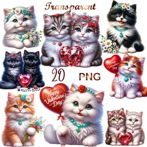 20 PNG Valentine's day Clipart, Love Cats, Valentines cats clipart,Commercial Use,Digital Download, Card Making,Mixed Media, Paper Craft