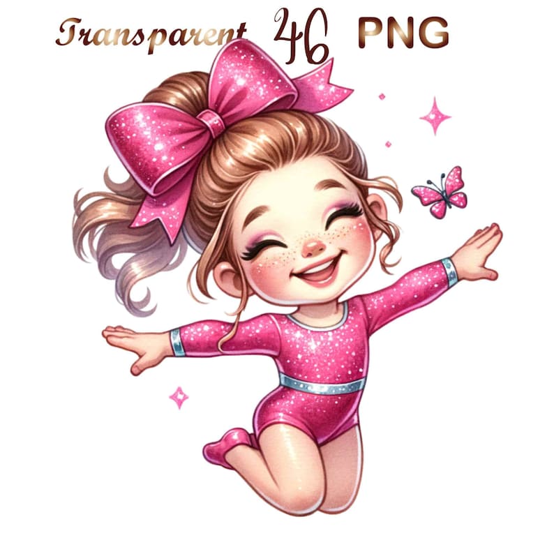 Puede incluir: Una ilustraci&oacute;n de dibujos animados de una ni&ntilde;a que lleva un leotardo rosa brillante con una franja plateada, un lazo rosa brillante en el pelo y una gran sonrisa. Est&aacute; saltando en el aire con los brazos extendidos. Hay una mariposa volando sobre ella.