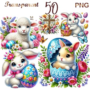 May include: A set of five Easter-themed illustrations featuring a white lamb, a white bunny holding an Easter basket, a brown bunny inside a blue and white egg, a white bunny holding a blue and white egg, and a cross surrounded by flowers.