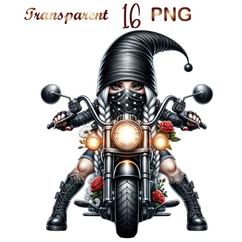May include: A white-haired female gnome wearing a black leather jacket, black pants, and a black bandana with white stars rides a black motorcycle with a chrome headlight and chrome accents. The motorcycle is decorated with red and white flowers.