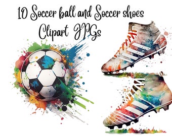 10 Soccer ball and Soccer shoes Clipart,Soccer posters,Soccer printable art,Sport art print,JPG, Commercial use, Digital Download,Watercolor