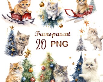 20 Watercolor kitten png,christmas png, christmas sublimation, kitten  png, christmas kitten, sublimation design, png, digital download