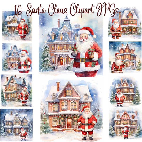 16  Santa Claus Clipart, Santa's Workshop, High Quality JPGs, Digital Download - Card Making, Mixed Media, Digital Paper Craft