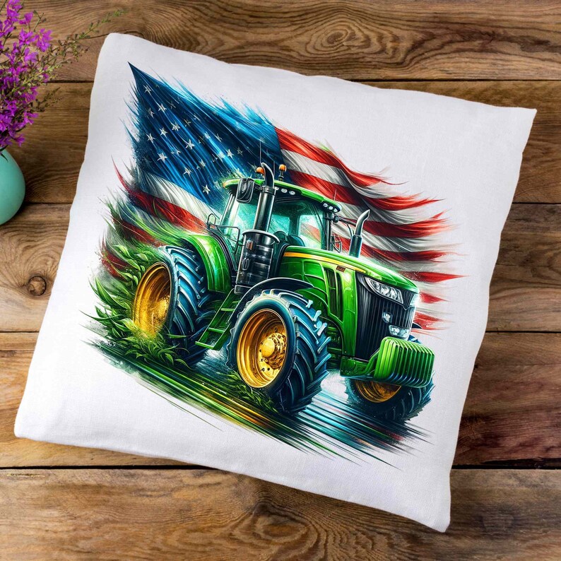 K&ouml;nnte beinhalten: Gr&uuml;ner Traktor mit einer wehenden amerikanischen Flagge im Hintergrund. Der Traktor hat gro&szlig;e Reifen und f&auml;hrt durch ein Feld mit gr&uuml;nem Gras.