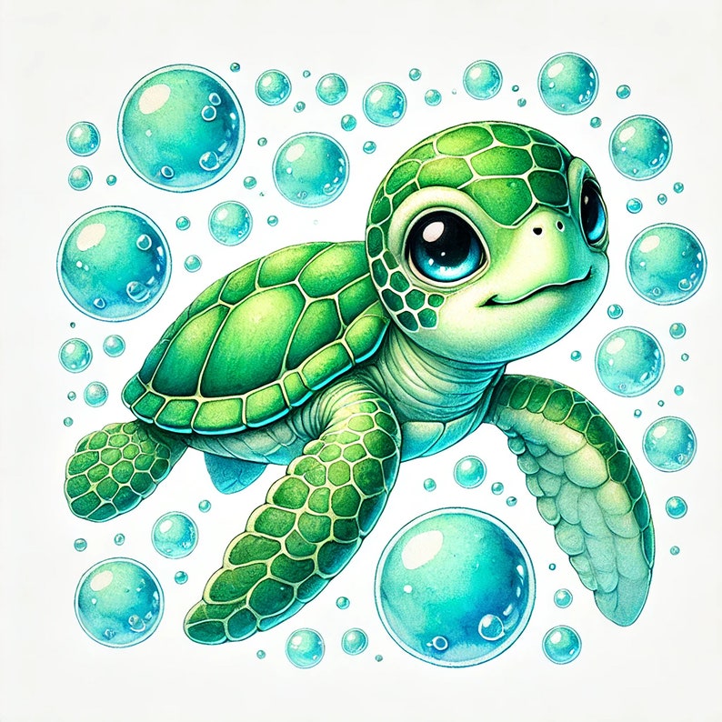 May include: A green sea turtle with blue eyes swims through a field of blue bubbles. The turtle has a shell with a green and brown pattern.